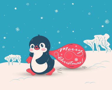 Bir çanta dolusu hediyeyle penguen ve yazıtlarla mutlu Noeller. Düz biçim