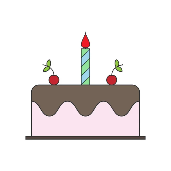 Pastel Cumpleaños Con Una Vela Cerezas Postre Estilo Plano — Vector de stock