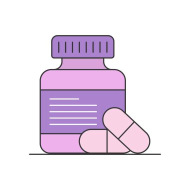Haplı, vitaminli ya da ilaçlı bir şişe. Tematik tasarım için vektör görüntüsü. Düz biçim