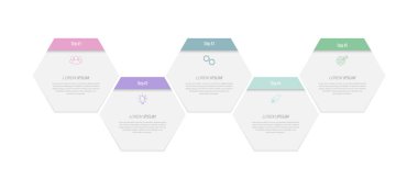 Geliştirmenin 5 aşaması, geliştirme ya da eğitim. Ticari, finans, proje, plan veya pazarlama için görsel eylem simgelerine sahip bilgi grafikleri. Düz vektör biçimi