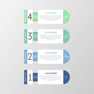 Bilgi grafikleri. Geliştirmenin 4 aşaması, pazarlama, iş akışı veya plan. İkonlarla iş stratejisi. Rapor ve istatistik diyagramı.