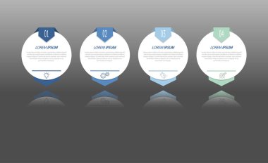 Bilgi grafikleri. Geliştirmenin 4 aşaması, pazarlama, iş akışı veya plan. İkonlarla iş stratejisi. Rapor ve istatistik diyagramı.