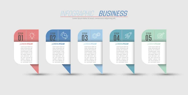 信息图形 工作流程或计划的五个阶段 带有图标的商业策略 报告和统计图 — 图库矢量图片