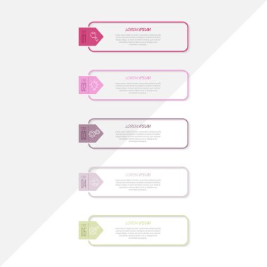 Bilgi grafikleri. Geliştirmenin 5 aşaması, pazarlama, iş akışı veya plan. İkonlarla iş stratejisi. Rapor ve istatistik diyagramı.