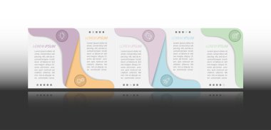 Bilgi grafikleri. 5 aşamalı geliştirme, pazarlama, iş akışı veya plan. İkonlarla iş stratejisi. Rapor ve istatistik diyagramı.