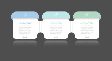 İş Bilgileri. Sonuca ulaşmak için 3 adım. Geliştirme aşamaları, iş akışı, pazarlama veya plan. İkonlarla iş stratejisi. Rapor diyagramı, istatistik ve eğitim.