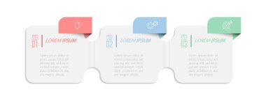 İş Bilgileri. Sonuca ulaşmak için 3 adım. Geliştirme aşamaları, iş akışı, pazarlama veya plan. İkonlarla iş stratejisi. Rapor diyagramı, istatistik ve eğitim.