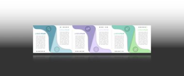 Bilgi grafikleri. 6 aşamalı geliştirme, pazarlama, iş akışı veya plan. İkonlarla iş stratejisi. Rapor ve istatistik diyagramı.