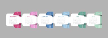 İş Bilgileri. Sonuca ulaşmak için 6 adım. Geliştirme aşamaları, iş akışı, pazarlama veya plan. İkonlarla iş stratejisi. Rapor diyagramı, istatistik ve eğitim.