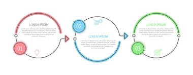 İş bilgisi bilgileri. Hedefe ulaşmanın üç aşaması var. Çalışma akışı, gelişme, pazarlama, plan veya eğitimin aşamaları. İkon simgeleriyle iş stratejisi. Rapor veya istatistik şeması.