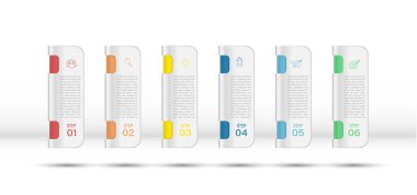 İş bilgisi bilgileri. Hedefe ulaşmanın 6 aşaması var. Çalışma akışı, gelişme, pazarlama, plan veya eğitimin aşamaları. İkon simgeleriyle iş stratejisi. Rapor veya istatistik şeması.