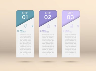 İş bilgisi bilgileri. Hedefe ulaşmanın üç aşaması var. Çalışma akışı, gelişme, pazarlama, plan veya eğitimin aşamaları. İkon simgeleriyle iş stratejisi. Rapor veya istatistik şeması.