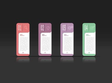 İş bilgisi bilgileri. Hedefe ulaşmanın dört aşaması var. Çalışma akışı, gelişme, pazarlama, plan veya eğitimin aşamaları. İkon simgeleriyle iş stratejisi. Rapor veya istatistik şeması.