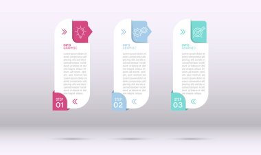 İş bilgisi bilgileri. Hedefe ulaşmanın üç aşaması var. Çalışma akışı, gelişme, pazarlama, plan veya eğitimin aşamaları. İkon simgeleriyle iş stratejisi. Rapor veya istatistik şeması.