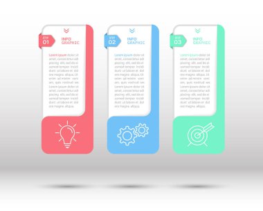 İş bilgisi bilgileri. Hedefe ulaşmanın üç aşaması var. Çalışma akışı, gelişme, pazarlama, plan veya eğitimin aşamaları. İkon simgeleriyle iş stratejisi. Rapor veya istatistik şeması.