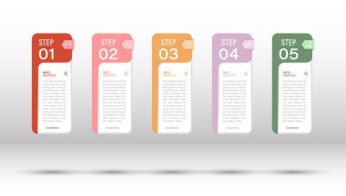 İş bilgisi bilgileri. Hedefe ulaşmanın beş aşaması var. Çalışma akışı, gelişme, pazarlama, plan veya eğitimin aşamaları. İkon simgeleriyle iş stratejisi. Rapor veya istatistik şeması.