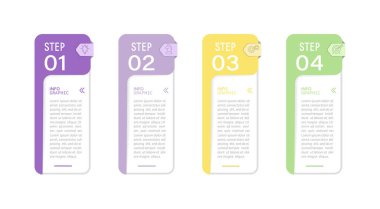 İş bilgisi bilgileri. Hedefe ulaşmanın dört aşaması var. Çalışma akışı, gelişme, pazarlama, plan veya eğitimin aşamaları. İkon simgeleriyle iş stratejisi. Rapor veya istatistik şeması.