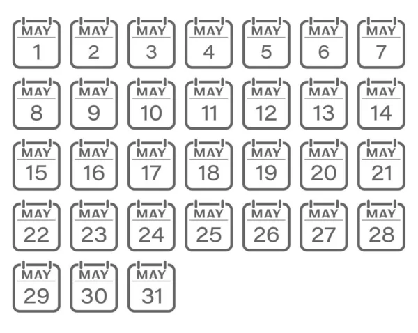 Maj Miesiąc Liczbami Zestaw Arkuszy Kalendarzowych Dla Strony Internetowej Aplikacji — Wektor stockowy