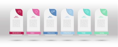 İş bilgisi bilgileri. Hedefe ulaşmanın 6 aşaması var. Çalışma akışı, gelişme, pazarlama, plan veya eğitimin aşamaları. İkon simgeleriyle iş stratejisi. Rapor veya istatistik şeması.