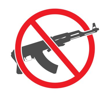 Kırmızı çizgili dairede otomatik bir tüfek. Silaha, savaşa ve askeri harekata karşı bir işaret..