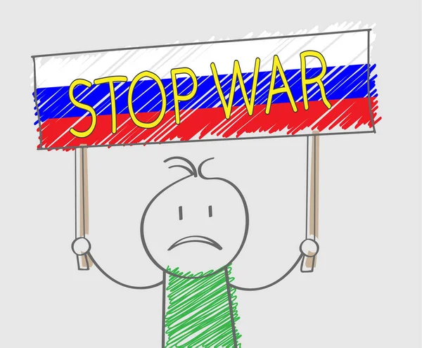 一个男人 他的海报上有俄罗斯国旗的颜色 上面刻着 停止战争 — 图库矢量图片