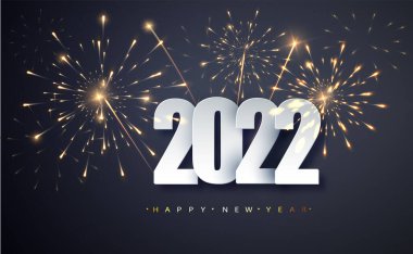 Mutlu yıllar 2022. Havai fişeklerin arka planında 2022 tarihli yeni yıl afişini selamlıyorum.