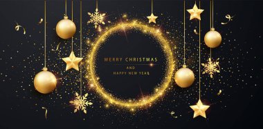 Mutlu Noeller ve mutlu yeni yıl afişleri. Altın tozu ve parıltısıyla tatil arka planı.