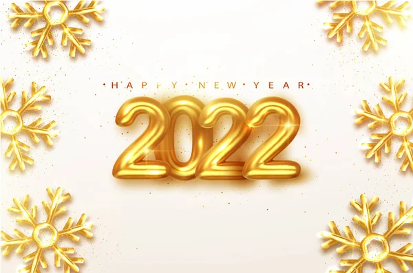 Oro 2022 Feliz año nuevo fondo con copos de nieve. Banner de vacaciones con números metálicos de oro 2022 sobre fondo brillante — Vector de stock