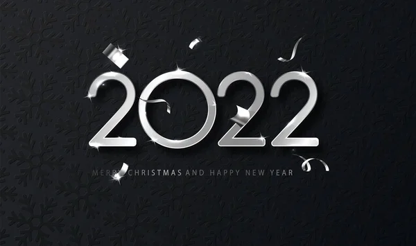 Prata 2022 Feliz Ano Novo com caindo confete no fundo escuro. Modelo Holyday para cartão de design, banner —  Vetores de Stock