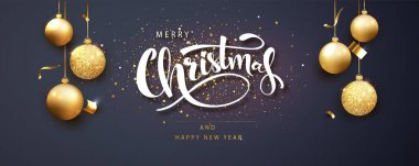 Karanlık arka planda Noel oyuncakları asılan mutlu noel afişleri. Xmas tebrik kartı kavramları.