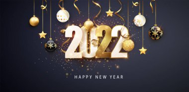 Mutlu yıllar 2022. Noel süslemeleri, topları, süslemeleri ve çelenkleri olan şenlikli tasarım..