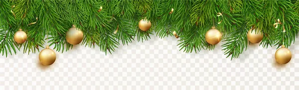 Χριστουγεννιάτικα σύνορα με κλαδιά ελάτης, χρυσή μπάλα Χριστουγέννων και κομφετί. Χειμερινές διακοπές απομονωμένο. Μεγάλη για την Πρωτοχρονιά κάρτες, πανό, κεφαλίδες, αφίσες κόμμα — Διανυσματικό Αρχείο