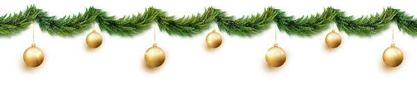 Christmas garland of fir branches and golden balls strangled by snow isolated on white background. Seamless banner, can be extended to desired size. — Stock Vector