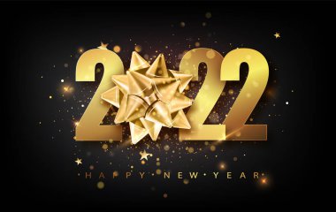 2021 Mutlu Yıllar vektör geçmişi altın hediye yayı, konfeti, beyaz sayılar. Kış tatili tebrik kartı tasarımı. Noel ve Yeni Yıl posterleri.