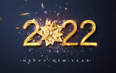 2022 Mutlu Yıllar vektör geçmişi altın hediye yayı, konfeti, beyaz sayılar. Kış tatili tebrik kartı tasarımı. Noel ve Yeni Yıl posterleri.