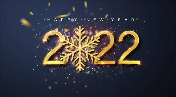 Happy New 2022 Year. Holiday vector illustration of golden metallic numbers 2022 and sparkling glitters pattern. Holiday greetings