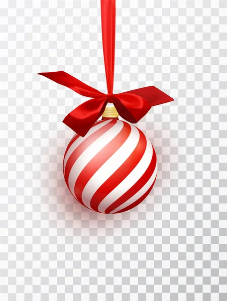 Red christmas ball with white diagonal stripes hanging on a ribbon with a red lush bow isolated on a transparent background. — Διανυσματικό Αρχείο