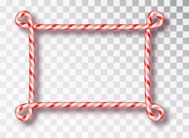 Şeker kamışından yapılmış çerçeve. Kırmızı ve beyaz çizgili lolipop desenli boş Noel sınırı şeffaf arka planda izole edilmiş. Tatil tasarımı