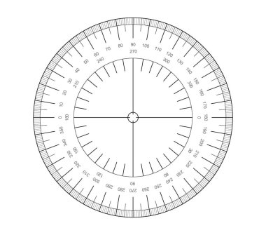 Circular Protractor grid for measuring degrees. Measuring round scale. Circular meter division from 0 to 360 degree. clipart