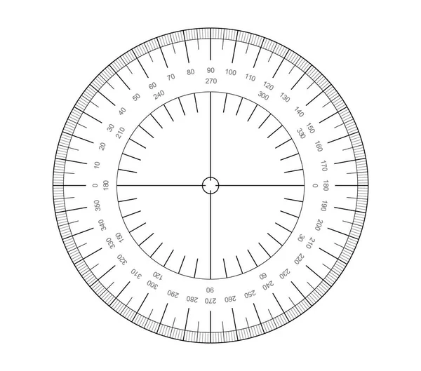 Grille circulaire Protractor pour mesurer les degrés. Mesure de l'échelle ronde. Division du compteur circulaire de 0 à 360 degrés. — Image vectorielle