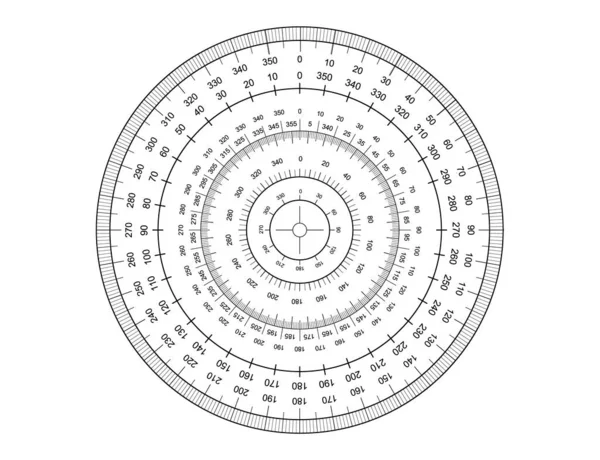 Mérési kör sablonok elszigetelt fehér háttérrel. 360 fokos skála kör vonalakkal. Kerek mérővektor — Stock Vector