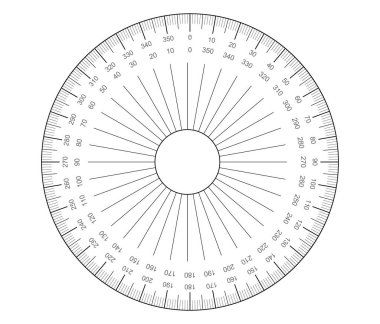 Circular protractor. Angles measuring tool. Round 360 protractors scale. Actual size graduation. clipart