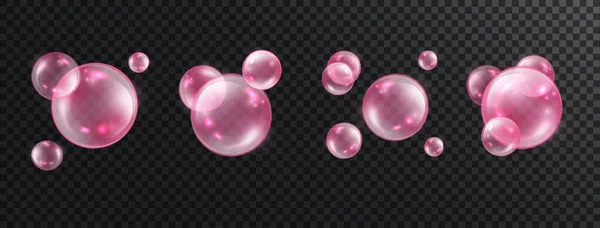 粉红胶原蛋白气泡设置在透明的背景上.矢量现实的发光球或肥皂泡.3D插图 — 图库矢量图片