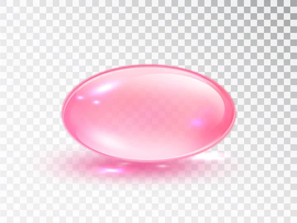 Pink Oil bubble isolated on transparent background. Transparent Pink capsule of drug, vitamin, macro vector illustration. Cosmetic pill capsule. — Stock Vector