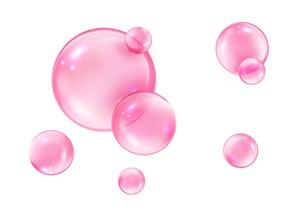 Pink bubbles on white background. Collagen bubbles. Fizzy sparkles. Bubble gum — Stock Vector
