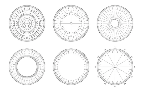 Ensemble Gabarits Grille Mesure Angle Protracteur Circulaire Différents Types — Image vectorielle