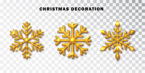 Snowflakes Set Golden Color Realistic Sparkling Snowflakes Isolated Transparent Background — Stock Vector