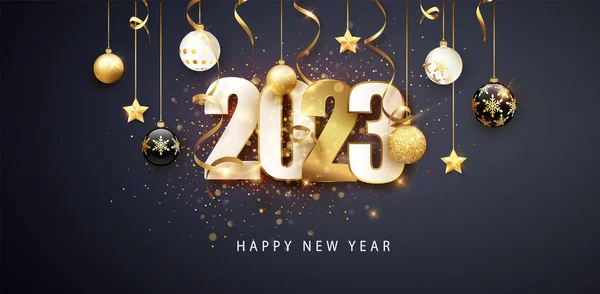 Happy New Year 2023 Festive Design Christmas Decorations Balls Streamer — Stock vektor