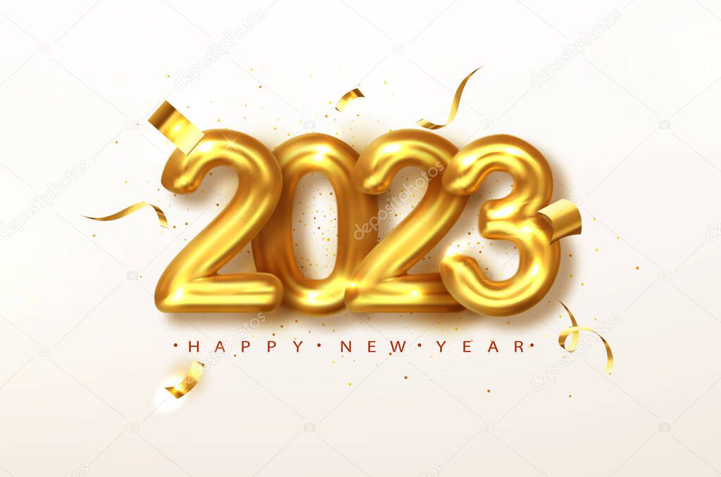 2023 Happy new year. Gold design metallic numbers date 2023 of greeting card. Happy New Year Banner with 2023 numbers on Bright Background. Vector illustration