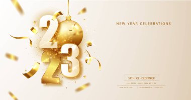 2023 gold numbers with golden balloons and shimmering confetti. New year banner with decoration. For Christmas and winter holiday party flyers
